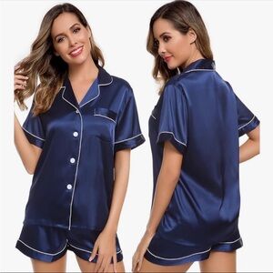 Womens Navy Satin PJs Short Sleeve Loungewear Sleepwear Button Down Set Size M